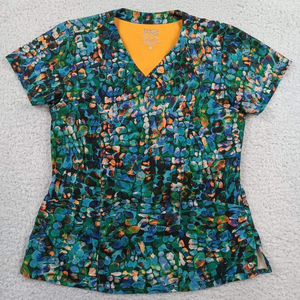 Barco One Scrub Top 5107 Women M Green Multi Abstract V-Neck Stretch 5107